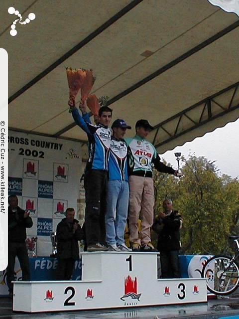 Finale de la Coupe de France 2002 de VTT Cross Country - les sam. 05 et dim. 06 octobre 2002 ; Annecy, Plateau des Puisots, Semnoz. – Jean-Eudes Demaret, Rémy Absalon et Arnaud Grosjean. Podium de la course du jour, catégorie juniors. – « Jean-Eudes Demaret, Rémy Absalon et Arnaud Grosjean. Podium de la course du jour, catégorie juniors » – mots associés : absalon, coupe de france, cross country, grosjean, podium, semnoz, vtt, xc