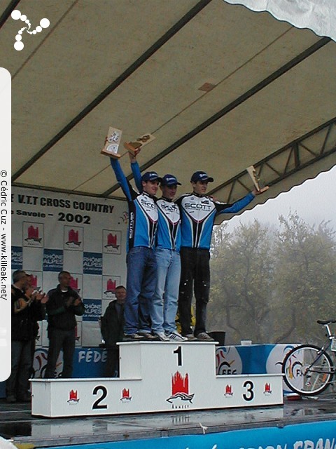 Finale de la Coupe de France 2002 de VTT Cross Country - les sam. 05 et dim. 06 octobre 2002 ; Annecy, Plateau des Puisots, Semnoz. – Jean-Eudes Demaret, Loïc Guerin et Rémy Absalon. Podium final de la Coupe de France de VTT XC 2002, catégorie juniors. – « Jean-Eudes Demaret, Loïc Guerin et Rémy Absalon. Podium final de la Coupe de France de VTT XC 2002, catégorie juniors » – mots associés : absalon, coupe de france, cross country, podium, semnoz, vtt, xc