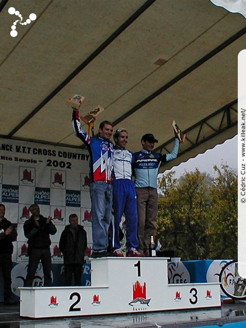 Finale de la Coupe de France 2002 de VTT Cross Country - les sam. 05 et dim. 06 octobre 2002 ; Annecy, Plateau des Puisots, Semnoz. – Cédric Ravanel, Peter Pouly et Jean-Christophe Peraud, blessé à la jambe... Podium final de la Coupe de France de VTT XC 2002, catégorie séniors. – « Cédric Ravanel, Peter Pouly et Jean-Christophe Peraud, blessé à la jambe... Podium final de la Coupe de France de VTT XC 2002, catégorie séniors » – mots associés : coupe de france, cross country, podium, ravanel, semnoz, vtt, xc