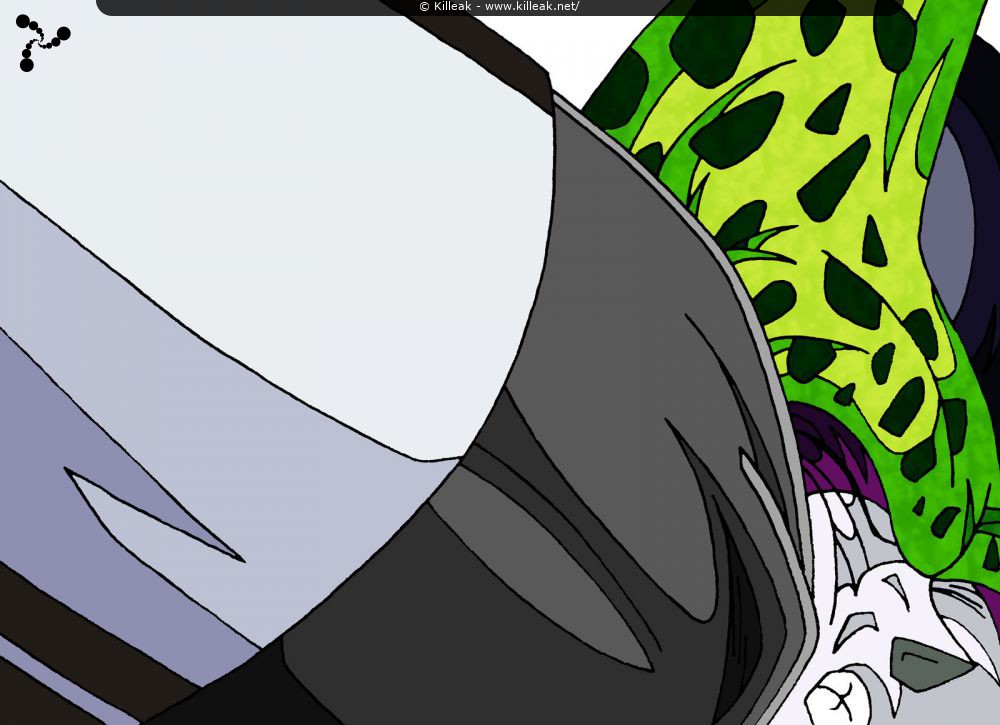 Trunks Super Saiyan Daï San Dankaï frappe Cell dans la gueule avec un puissant coup de coude... – « Cell encaisse un coup de coude de Trunks dans la gueule » – Cell reçoit le coude de Trunks transformé au delà du Super Saiyan Daï San Dankaï dans la joue... – mots associés : cell, combat, dbz, dragon ball z, super saiyan daï san dankaï, trunks