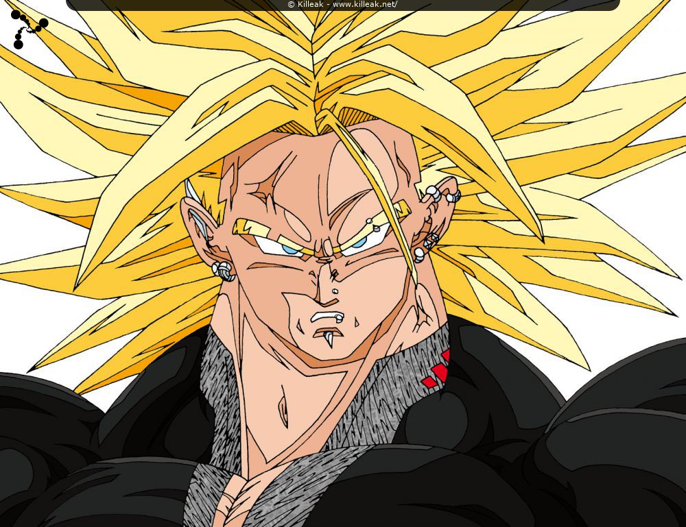 « Trunks USSJ s'adresse à Cell » – Trunks au delà du Super Saiyan Daï San Dankaï fait face à Cell. – mots associés : dbz, dragon ball z, super saiyan daï san dankaï, trunks, ussj