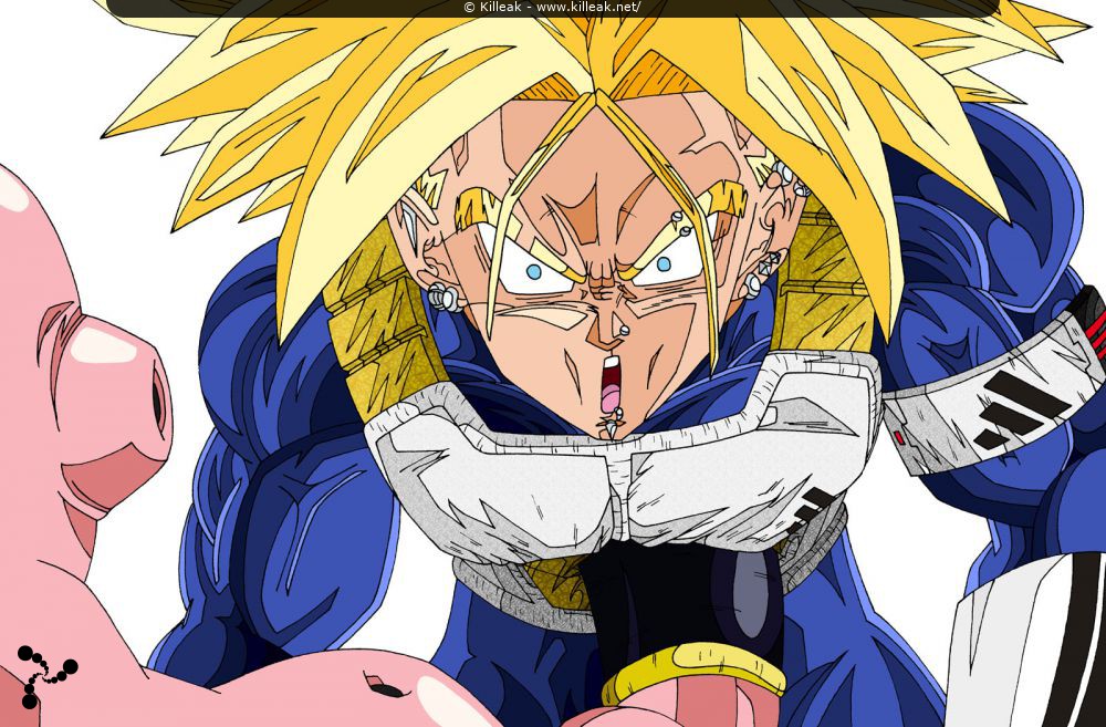 « Trunks encaisse un coup de poing de Buu dans le ventre ! » — Buu frappe Trunks dans le ventre... — mots associés : dbz, dragon ball z, trunks