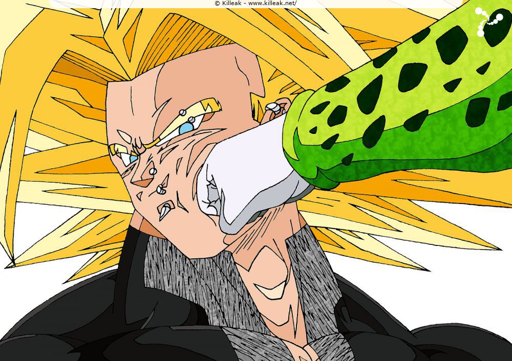 « Trunks insensible au coup de poing de Cell » – mots associés : dbz, dragon ball z, super saiyan daï san dankaï, trunks