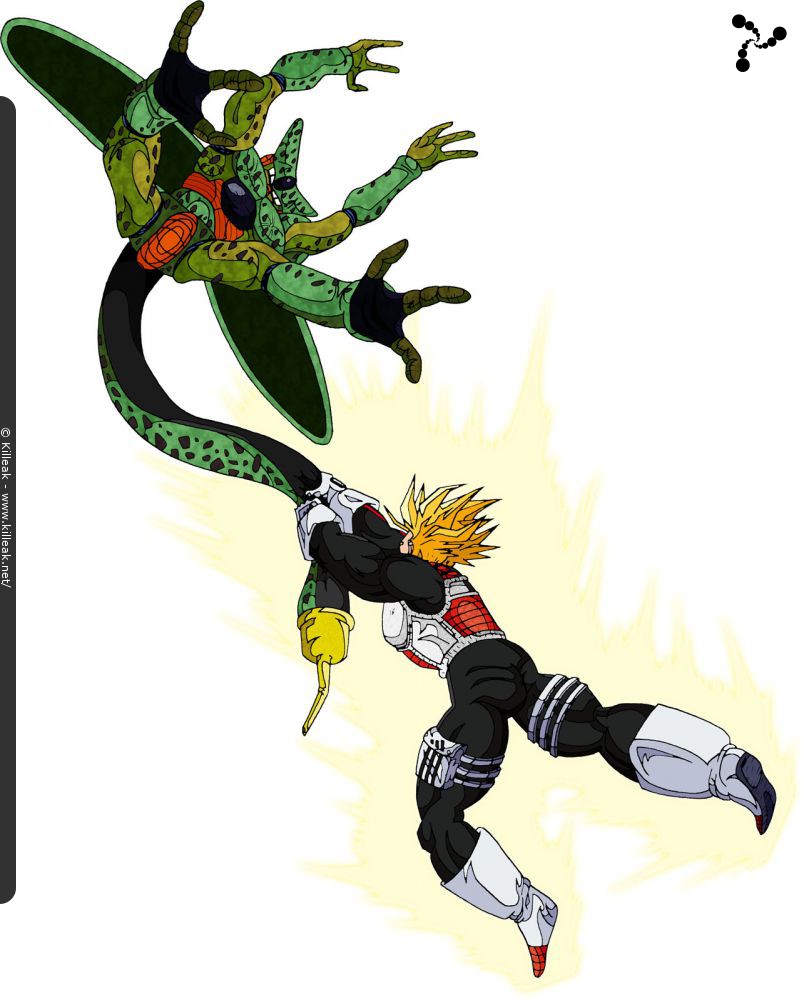Je n'ai pas beaucoup soigné / retravaillé le dessin de Cell, et j'ai oublié le motif sur l'épaule gauche de Trunks :-( – « Trunks du futur contre Cell première forme » – Trunks Super Saiyan domine complètement Cell première forme, et le fait tournoyer dans les airs en l'agrippant par sa queue... – mots associés : cell, combat, dragon ball z, trunks