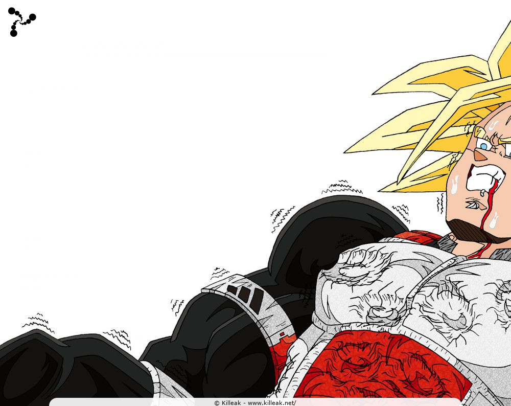 Trunks Super Saiyan Daï San Dankaï roué de coups, se retrouve encore à terre... – « Trunks à terre, le corps martelé de coups... » – Trunks Super Saiyan Daï San Dankaï à terre, le corps marqué par la série de coups qu'il viens de recevoir... – mots associés : dragon ball z, super saiyan daï san dankaï, trunks, ussj