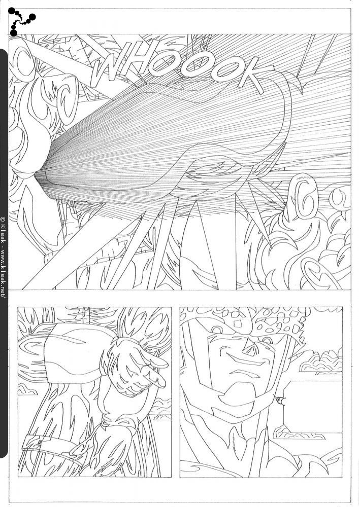 « Trunks vs Cell, version 1998 (!) - feuillet 02 » — mots associés : cell, combat, dbz, dragon ball z, manga, trunks, ussj