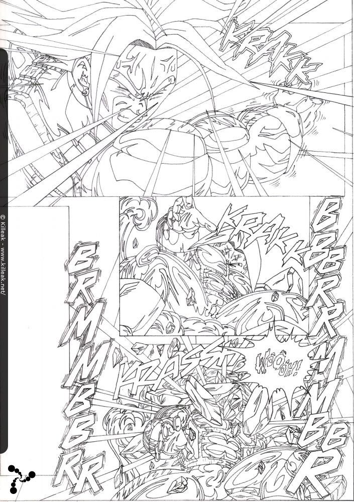 « Trunks versus Cell, dessins des années 2000, feuillet 15 » – Trunks envoyé dans le décor par un coup de pied en plein visage ! – mots associés : cell, dbz, dragon ball z, trunks